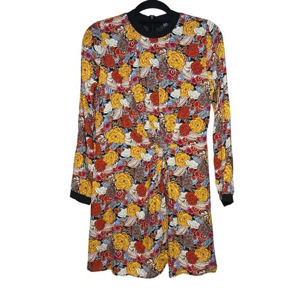 TRF Zara Pleated Long Sleeve Dress Women's Medium Yellow Red Floral Modern Mini - Picture 2 of 6